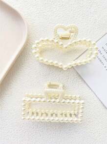 2-Piece Women's Faux Pearl Hair Claw Set, Fresh And Simple Pearl Clip, Medium-Sized Bath Dish Style Hair Clip, Casual, Simple And Cute Girl Hair Clip Accessory, No Damage To Hair, Suitable For Daily Hair Tying, New Year, Travel With Clothing, Hair Claw Hair Accessory Set,Valentine's Day Couples As A Gift Hair Accessories,Claw Clips,Hair Jaw Clip,Hair Clutch