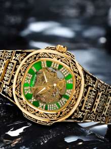 1 pièce Montre-bracelet mécanique avec cadran squelette en acier inoxydable pour homme, design lumineux vert, mode et