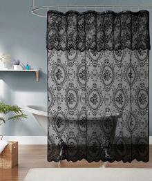 NOIR Gothic Vintage Shower Curtain With Valance For Goth Bathroom Decor - Hitam dengan valance hitam - View 2