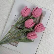 5 件成品郁金香钩针花束，手工针织郁金香花装饰礼物，情人节郁金香幸运花束 - 彩色 - 查看 5