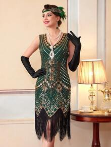 1920s Flapper Dresses, Great Gatsby Dresses Roaring 20s For Women, Sheer Beaded Sleeves Costume, Party Dress, For Cocktail - Green - View 9