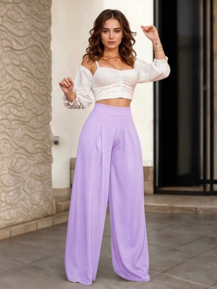 Pantalón Holgado Elegante con Corte Tipo Campana sin Bolsas para Mujer - Lila Púrpura - Ver 1