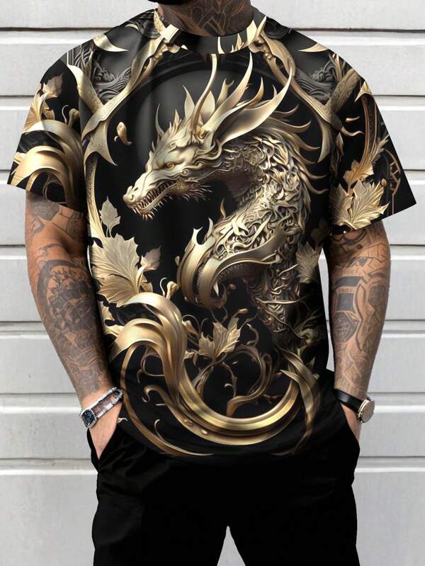 Plus Size Men's Iron Metal Dragon Totem Short Sleeve T-Shirt