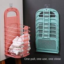 Wall-Mounted Foldable Plastic Laundry Basket, Dirty Clothes Storage Hamper For Bathroom, Without Drilling, Space-Saving Organizer For Small Bathrooms And Apartments, Convenient Wall-Side Laundry Bin With Easy Fold Mechanism, Stain-Resistant White Plastic, Keeps Dirty Clothes Off The Floor, Suited For Daily Laundry And Quick Cleanups In Busy Homes - Blue - View 3