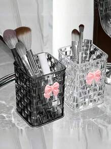 1pc Clear Acrylic Desk Organizer With Bow Accent - PMMA Pen Holder And Storage Basket For Office Supplies, Pens, And Accessories