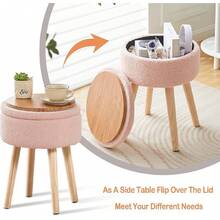 Storage Ottoman Foot Stool Teddy Velvet Round Vanity Stool Tray Top Footstool With Wood Upholstered Foot Rest Ottoman Living Room, Bathroom, Makeup (White) - 粉色 - 查看 3