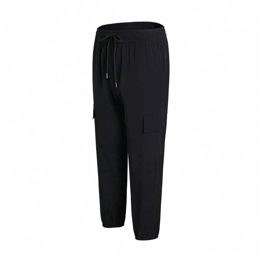 Sport Pantalones resorte con bolsa de cargo cordón en la cintura liso estilo novio - Negro - Ver 1