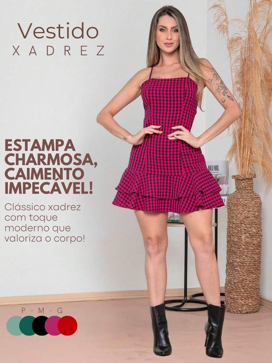 Short Plaid Dress With Bare Back And Crossover For Women's June Party, São João, Duna, Frill, S To L - Màu Hồng Tươi - Xem 1
