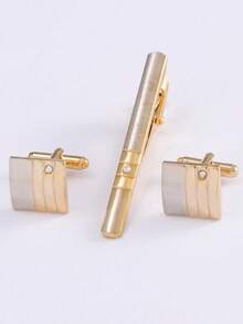 1套哑光金色商务领带夹和袖扣套装，成熟百搭时尚，适合男士商务装 - 金黃色 - 查看 11