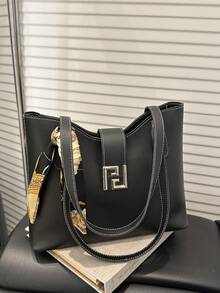 1pc PU Shoulder Tote Bag With Scarf Decor, Large Capacity, Lightweight And Versatile, Suitable For Commuting,Business Professional Women - Black - View 3