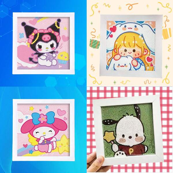 Sanrio 1 pezzo Set di pittura di diamanti 5D con cornice, raffiguranti i personaggi Sanrio tra cui Hello Kitty, Kuromi e Pompompurin, adatto per principianti, con perline assortite, regalo perfetto per adolescenti e adulti da 14 anni in su, kit per pittura di diamanti