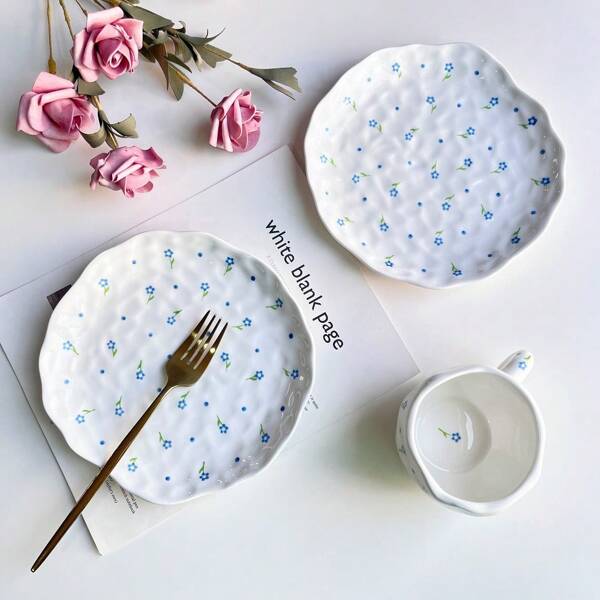1pc Handpainted Ceramic 8-Inch Plate With Small Blue Flower Pattern, Elegant Floral Design Dinnerware For Steak, Pasta, Dessert, Afternoon Tea, Cake, Breakfast, Fruit, Party