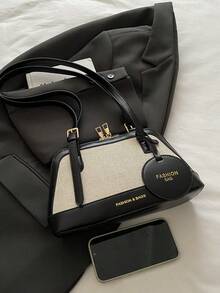 Bolso de mano de mujer con cremallera en la parte inferior, de diseño a bloques de color, de moda - Negro - Ver 4