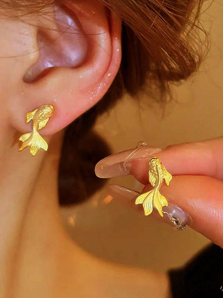 1 对精致金鱼复古时尚耳环，百搭个性化女士耳环配饰 - 金色 - 查看 1