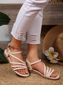 手工编织钻石带舒适女士平底凉鞋，户外