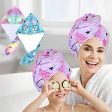 2pcs Microfiber Hair Towel Wrap For Kids 2 Packs Rapid Drying Hair Towel With Button Hair Turbans For Wet Hair Wraps Head Towel Wrap For Girls, Dark Unicorn