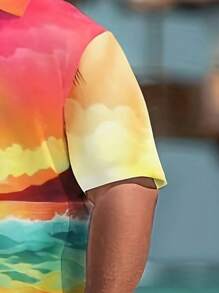1 Set Plus Size Men's Tropical Print Collared Shirt And Shorts Set, Casual Beach Outfit