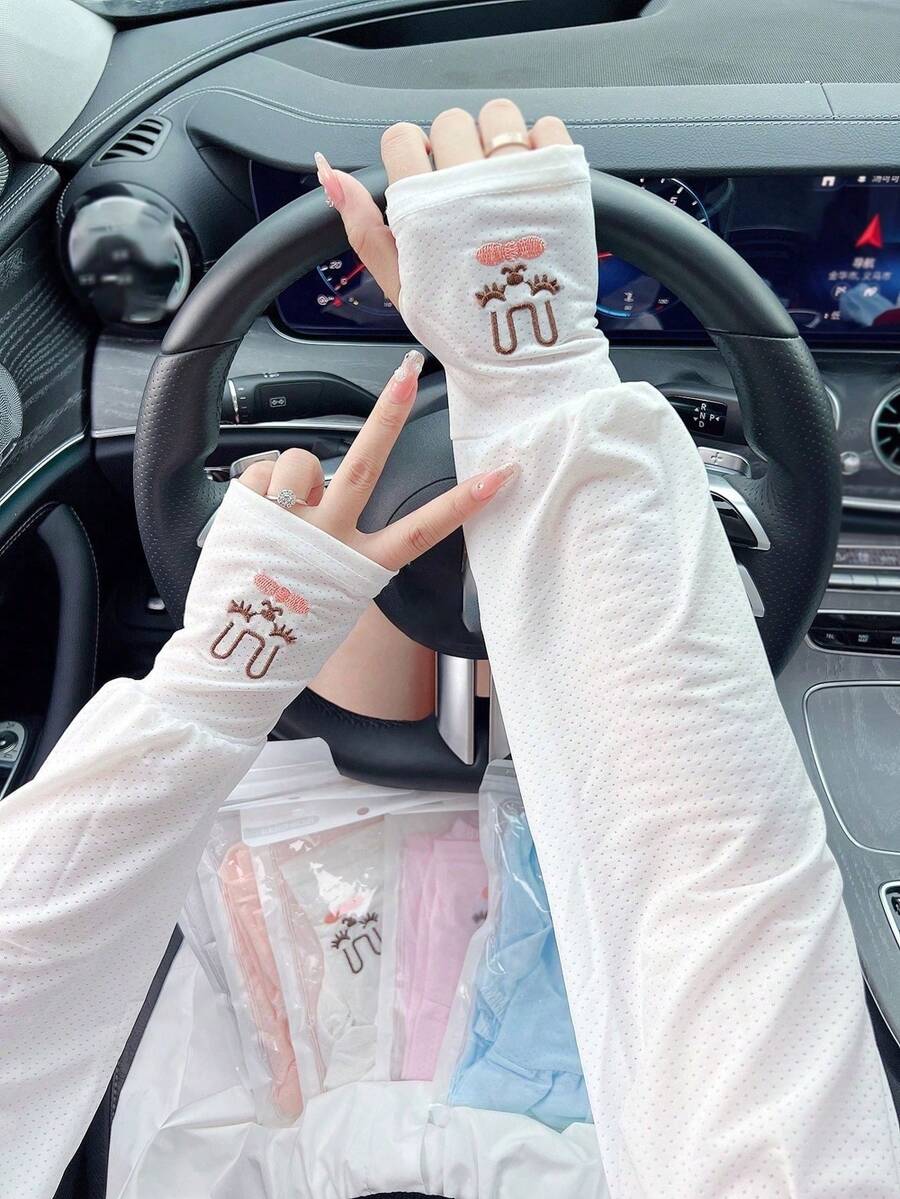 2 piezas Mangas de hielo sueltas y lindas a la moda con protección UV para conducir y andar en bicicleta - Blanco - Ver 1