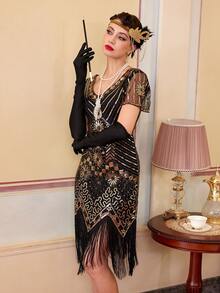 1920s Flapper Dresses For Women, Great Gatsby Dresses With Sleeve Roaring 20s Dress For Harlem Nights, Party Dress, For Cocktail - Gold - View 7