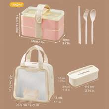 1pc 1440ML Double-Layer Plastic Bento Box With Cutlery Set & Lunch Bag & Sauce Box, Portable Square Lunch Box With Compartments, Leak Proof Fruit Salad Food Storage Container, Dishwasher & Microwave Allowable Lunch Container, Suitable For Student And Adult Use In Home, School, Dorm, Office, Outdoor Camping, Picnic, Travel, Back To School