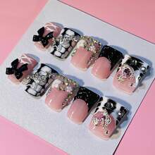 Stellar Bow Ribbon Press On Nails 10Pcs, Handmade 2026 Spring Zebra Print Nails With Black Bow, Stars & Space Charms, Balletcore Coquette Y2K Glam, Reusable Gel Acrylic - Đen và trắng - Xem 5