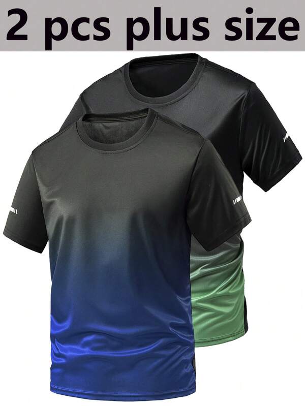 2pcs/Set Plus Size Men Sports T-Shirt, Gradient Sleeve Print, Summer Outdoor Running Training Gym Fitness Workout Casual Top, Suitable For Sports, Vacation, Party, Various Ball Games, Round Neck Plus Size Short Sleeve Knitted Jersey