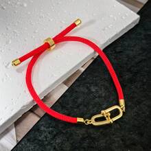 1 peça de pulseira de aço inoxidável europeia e americana de alta qualidade com microincrustações de zircônia cúbica totalmente embutida, fecho de ferradura, corda vermelha ajustável, minimalista e elegante, presente para uso diário para mulheres
