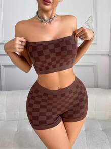 Women's Comfort Casual Plaid Knitted Seamless Crop Top & Boyshort Underwear Set, Elastic Bandeau Bralette & Shorts Combo