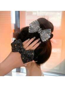 2pcs /1pc Sparkling Rhinestone Bow Hair Accessory, Ponytail Holder Shiny Korean Style Hair Rope Rubber Band Hair Tie Hair Accessories For Woman Hair Ties Ponytail Holders Hair Elastics Hair Rubber Bands Scrunchies Elastic Hair Tie, Hair Bobbles, Gifts Hair Ties Head Accessories Elastic Band - Multicolor - View 2