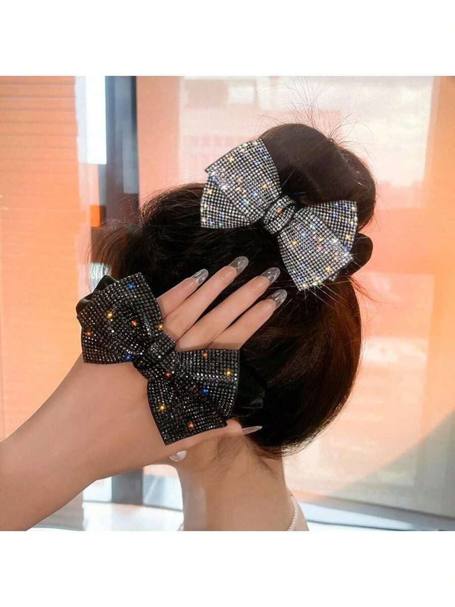 2pcs /1pc Sparkling Rhinestone Bow Hair Accessory, Ponytail Holder Shiny Korean Style Hair Rope Rubber Band Hair Tie Hair Accessories For Woman Hair Ties Ponytail Holders Hair Elastics Hair Rubber Bands Scrunchies Elastic Hair Tie, Hair Bobbles, Gifts Hair Ties Head Accessories Elastic Band