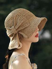 1 pieza Sombrero de paja tejido a mano con moño, diseño vintage hueco y elegante para protección solar de mujer en verano