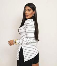 Women's Ribbed Blouse Simple Casual Elegant Split Asymmetric Fall/Winter - Black and White - View 3