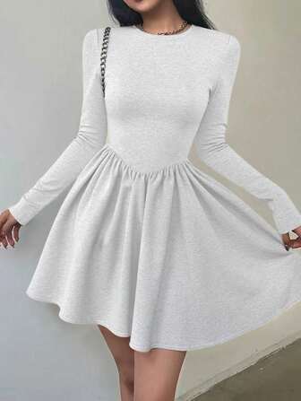 Damen einfarbiges Rundhalsausschnitt Langarm elegant Mini Kleid, Frühling/Sommer
