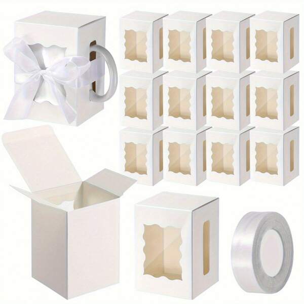 12pcs Mug Gifts Boxes With 1 Roll Ribbon, Transparent Gift Packaging Box For Wrapping 11-12oz Blanks Sublimation Mugs, Mugs Wine Glass Wrapping Gift Box Mug Holder Candle Gift Box