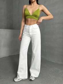 Damen Zerissene Boyfriend Weite Bein Jeans, einfarbig mit Reißverschlusstaschen & Knöpfen