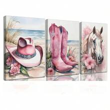 1/3 件墙壁艺术海报/现代风格粉色牛仔帽、靴子、马匹绘画装饰墙壁艺术，家庭卧室书房悬挂墙壁艺术印刷品，儿童房、办公室、服装店装饰海报，带框/无框