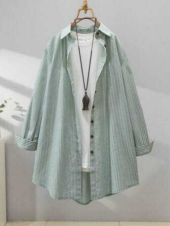 女士条纹长袖宽松休闲纽扣衬衫，春秋