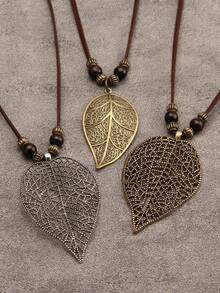 1pc Multi-Layer Brown Wax Rope Vintage Round Disc Five-Pointed Star Wood Bead Pendant Necklace With Big Hollow Leaf & Money Tree Charm, Antique Bronze Key & Note Pendant Necklace, Fashion Long Necklace, Great Gift For Mom & Girlfriend