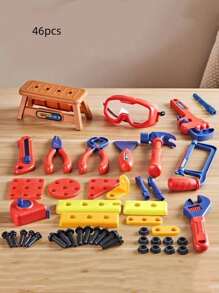 Set di 48 pezzi di cassetta degli attrezzi giocattolo per bambini, set di simulazione di riparazione per esercizi, utile per sviluppare le abilità manuali dei bambini, giocattoli di assemblaggio di ingegneria multipli, adatti per camere da letto, soggiorni e attività genitori-figli