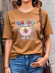 Playera casual para dama, ajuste oversize, tela de algodón, apta para temporadas de verano, primavera y días soleados, con pedrería artificial decorativa en la parte frontal. En algunos colores pueden variar los tonos y estampados. - Marrón - Ver 4