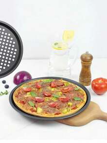 1 件加厚穿孔碳钢不粘圆形披萨烤盘，披萨和大扁面包专用烤盘，烘焙工具