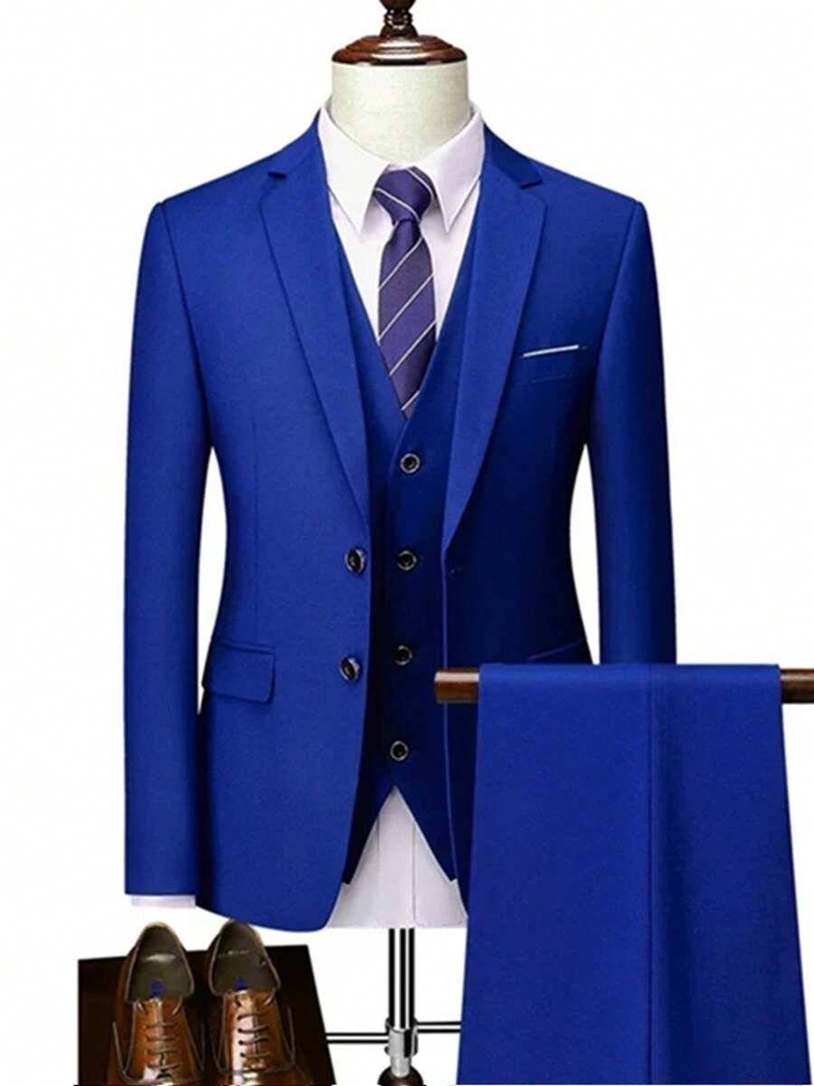 Completo da uomo slim fit di colore tinta unita, composto da 3 pezzi, giacca, gilet e pantaloni, adatto per il lavoro, occasioni formali o serali - Blu reale - Visualizzare 1