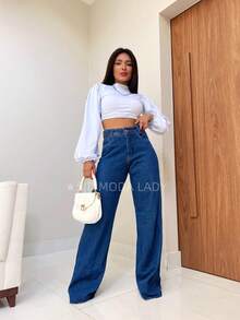 SJD MODA LADY Mom Jeans Wide Leg Simple Casual Pants Without Lycra Hem Cut Ripped - 深色水洗藍 - 查看 5