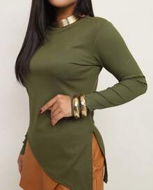 Women's Ribbed Blouse Simple Casual Elegant Split Asymmetric Fall/Winter - Verde militar - Ver 4