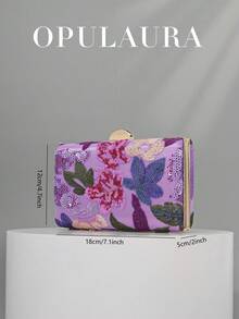 OpulAura Sequin Embroidered Floral Boxy Bag, Vintage Floral Purse, Women's Fashion Sequin Patchwork Clutch, Party & Evening Bag, Random Cutout, Suitable For Parties, Weddings, Galas - Perfect For Parties, Weddings, Galas, Pair With Holiday Party Dresses, Evening Gowns, And Sequined Attire, Sparkling Sequin Bags Ladies Elegant - Purple - View 4