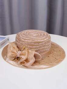 1pc Women's Solid Church Hat, Elegant Street Vintage Bohemian Organza Bow Flat Top Sun Hat, Breathable Outdoor Beach Hat For Women, Suitable For Daily, Street, Party, Travel In Summer - A - View 8