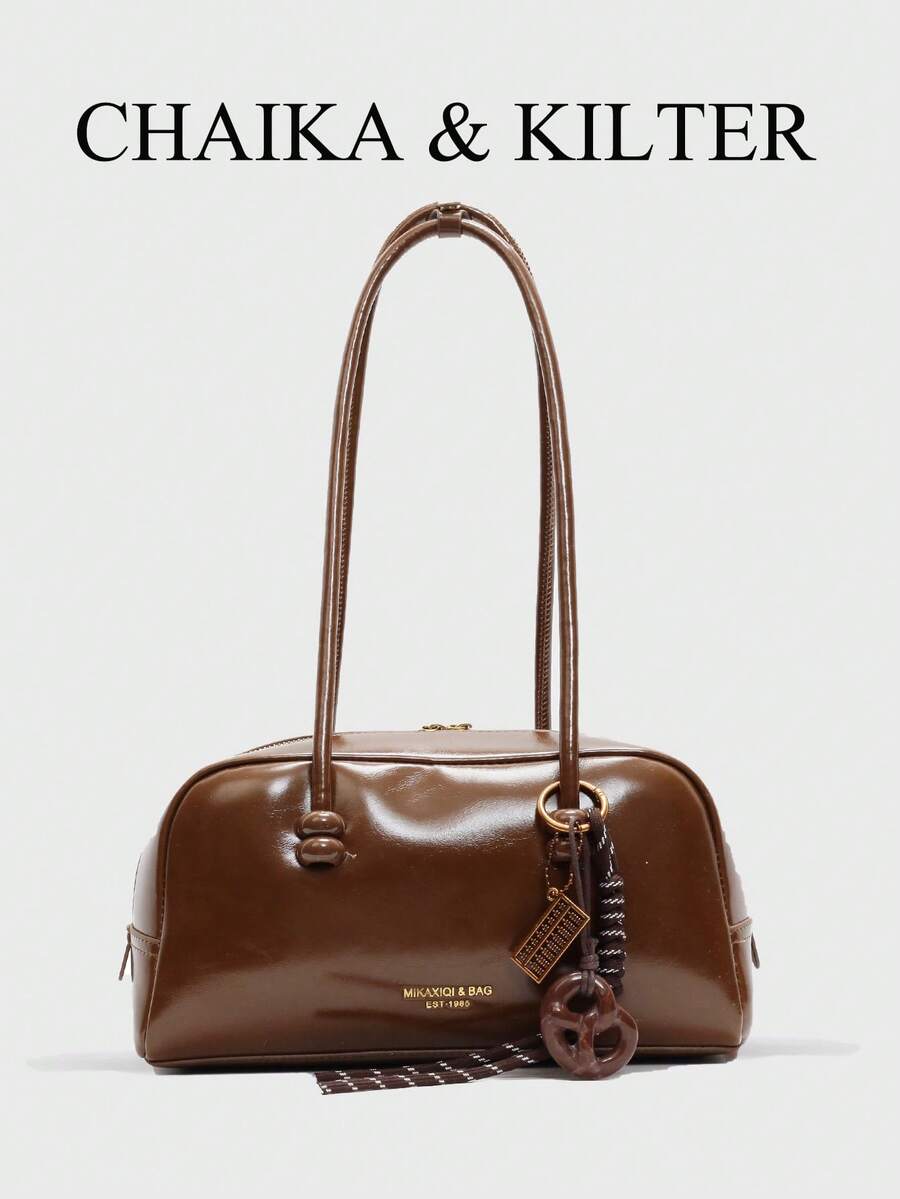 1pc CHAIKA & KILTER Glossy PU Leather Crossbody Bag, Women Fashion Large Capacity Bowling Bag With Dual Handles, Zipper Closure, Suitable For Daily And Outing Use (Sold With Pendant)