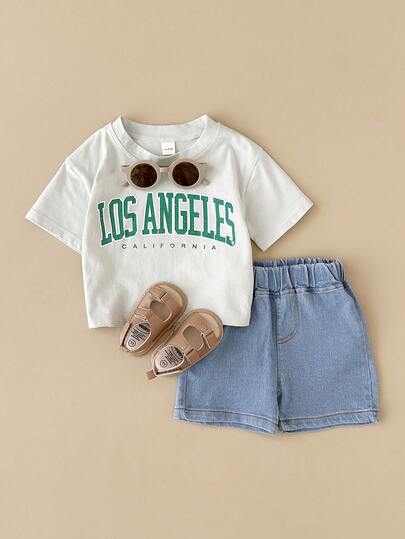 2pcs/Set Baby Boy City Letter Print Casual Light Green Short Sleeve T-Shirt And Shorts Set, Summer