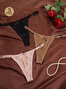 3 件女士缎面可调节内裤，性感低腰蝴蝶结丁字裤内裤 - 彩色 - 查看 1