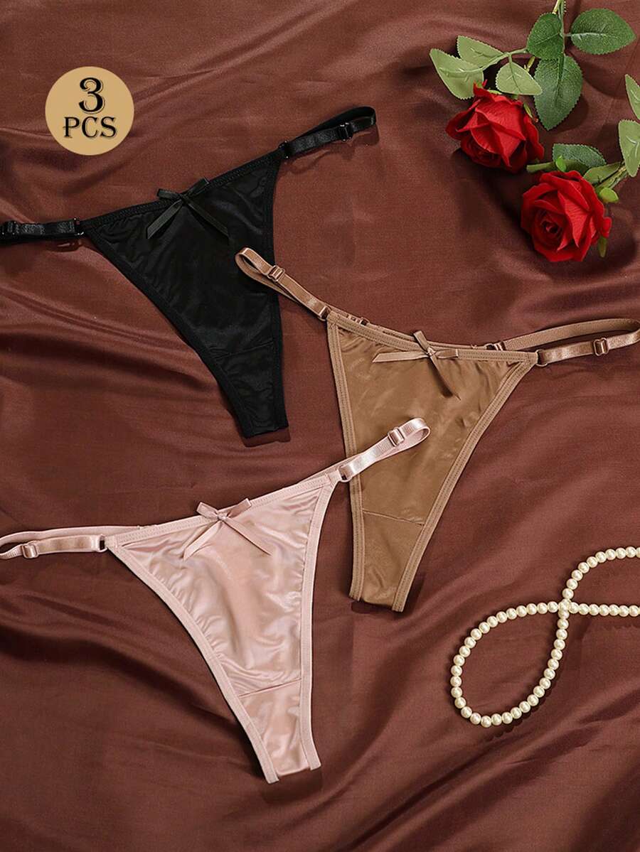 3 件女士缎面可调节内裤，性感低腰蝴蝶结丁字裤内裤 - 彩色 - 查看 1